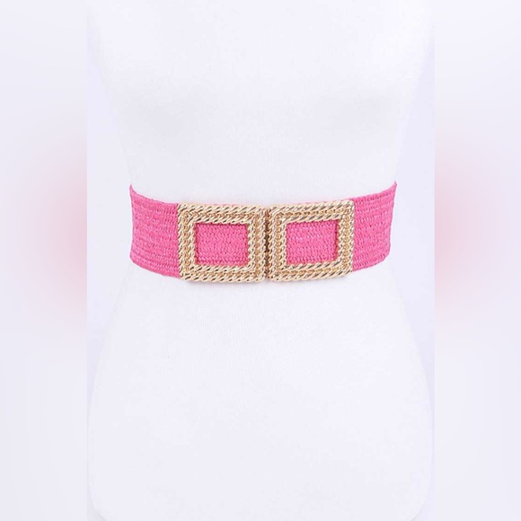 Gold Square Buckle Coated Straw Statement Belt - Picture 1 of 8